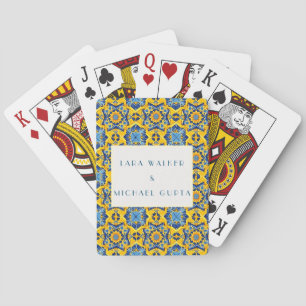 Trippy helderblauwe en gele Italiaanse tegelhuweli Pokerkaarten