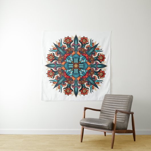 Trippy hippie psychedelic groovy mushroom mandala wandkleed (In situ)