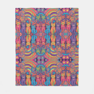 Trippy Hippy Katten Levendige Kleur Psychedelic Fleece Deken