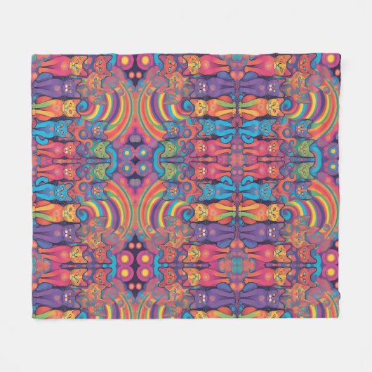 Trippy Hippy Katten Levendige Kleur Psychedelic Fleece Deken (Voorkant (Horizontaal))