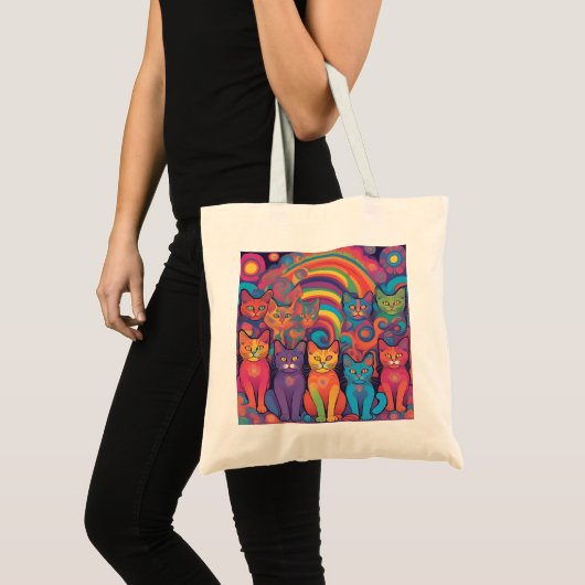 Trippy Hippy Katten Levendige Kleur Psychedelic Tote Bag (Voorkant (product))