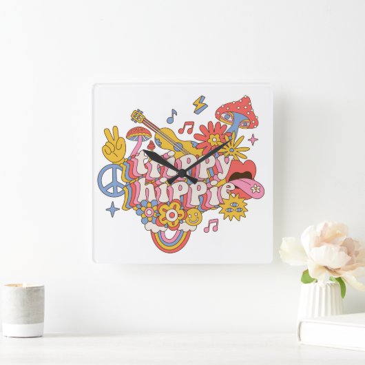 Trippy Hippy Vierkante Klok (Huis)