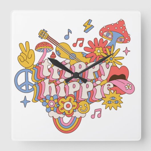 Trippy Hippy Vierkante Klok (Voorkant)