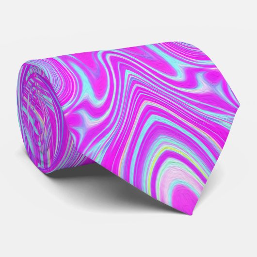 Trippy Hot Pink en Aqua Blue Abstract Patroon Stropdas (Opgerold)