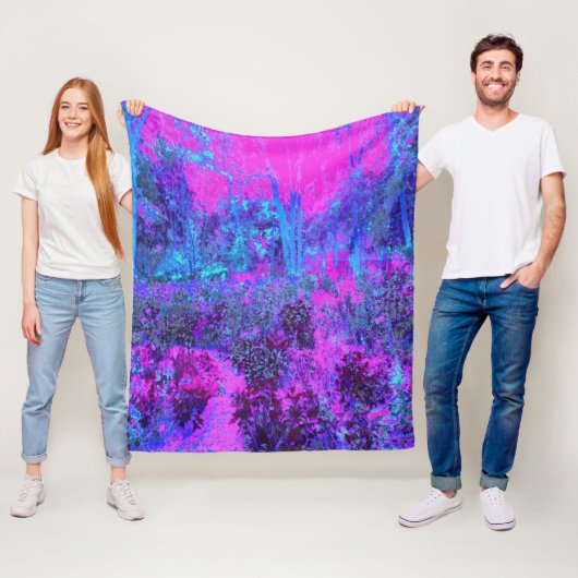 Trippy Hot Pink en Blue Impressionistic Landscape Fleece Deken (In situ)