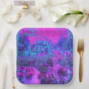 Trippy Hot Pink en Blue Impressionistic Landscape Papieren Bordje