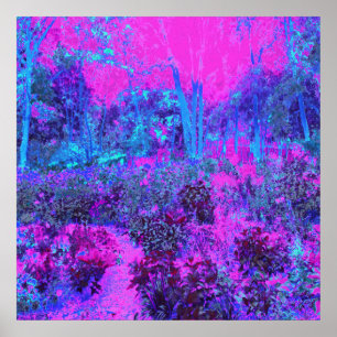Trippy Hot Pink en Blue Impressionistic Landscape Poster