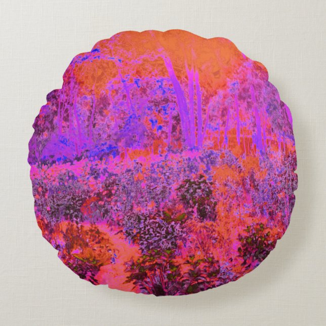 Trippy Magenta en Oranje impressionistische tuin Rond Kussen (Voorkant)
