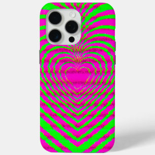Trippy Neon Pink Green Hypnotic Heart Love Patroon iPhone 15 Pro Max Hoesje