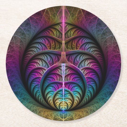 Trippy Patterned Kleurrijke Abstracte Fractal Art Ronde Kartonnen Onderzetter (Voorkant)