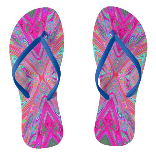 Trippy Pink, Aqua en Magenta Abstracte Butterfly Teenslippers (Voetbed)