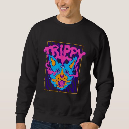 Trippy Psychedelic Weird Cat Hippie Rave Weirdcore Trui (Voorkant)