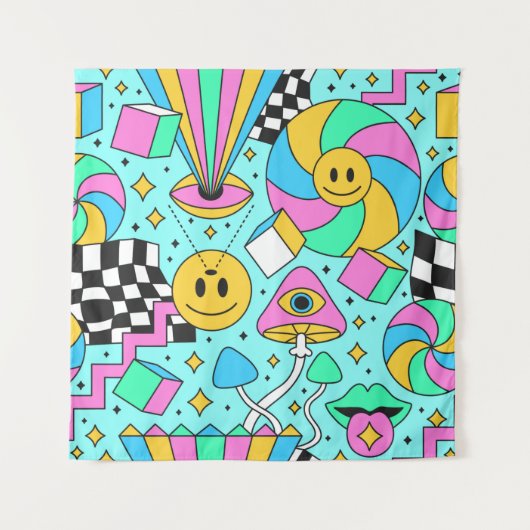Trippy rainbow 60s pop psychodelic seamless patter wandkleed (Voorkant)