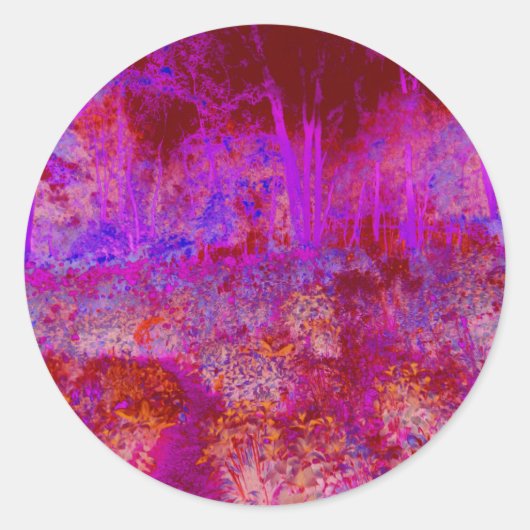 Trippy Red en Magenta Impressionistic Landschap Ronde Sticker (Voorkant)