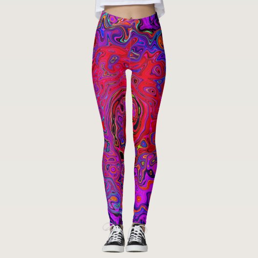 Trippy Red en Paars Abstract Retro vloeibare werve Leggings (Voorkant)