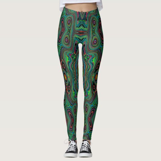 Trippy Retro Black en Lime Green Abstract Patroon Leggings (Voorkant)