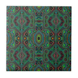 Trippy Retro Black en Lime Green Abstract Patroon Tegeltje