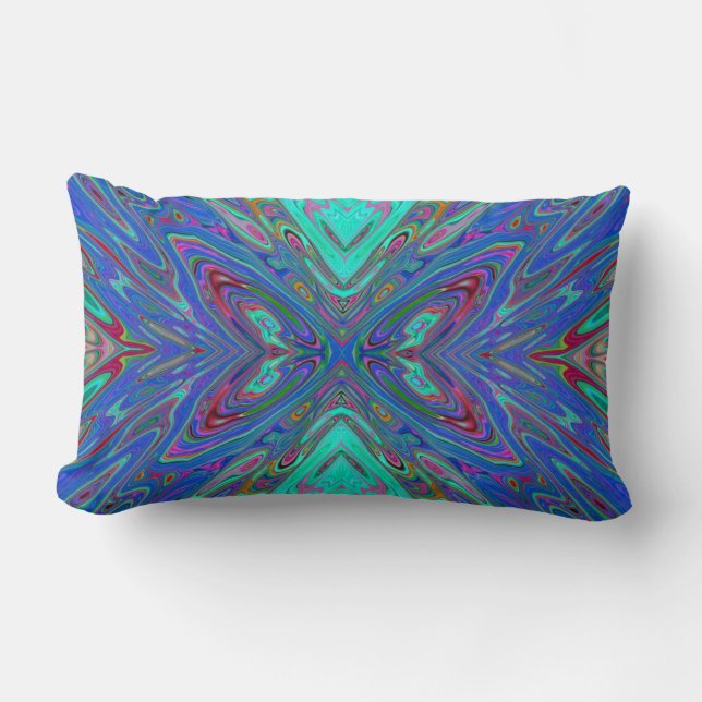 Trippy Retro Blauwe en Rode Abstracte Vlinder Kussen (Voorkant)