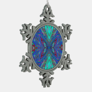 Trippy Retro Blauwe en Rode Abstracte Vlinder Tin Sneeuwvlok Ornament