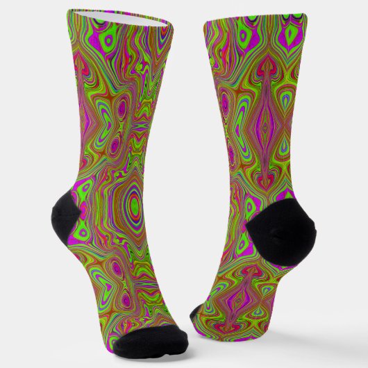 Trippy Retro Chartreuse Magenta Abstract Patroon Sokken (Gebogen)