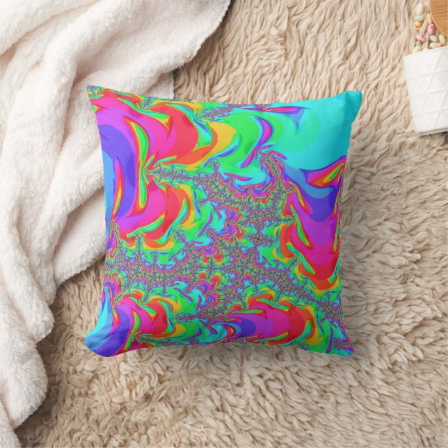 Trippy Retro Levendig Neon Regenboog Fractale Kuns Kussen (Deken)