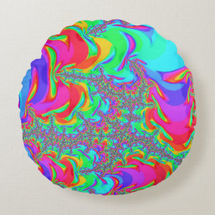 Trippy Retro Levendig Neon Regenboog Fractale Kuns Rond Kussen