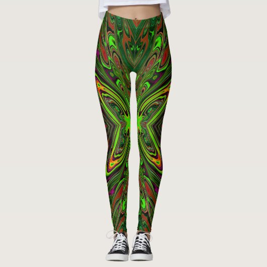 Trippy Retro Limoengroen Abstracte Vlinder Leggings (Voorkant)