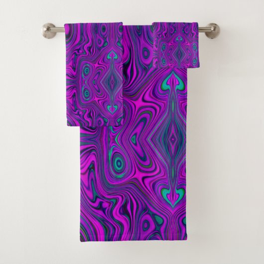 Trippy Retro Magenta en Black Abstract Pattern Bad Handdoek (Insitu)