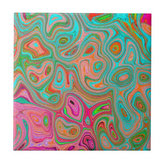 Trippy Retro Oranje en Aqua Groovy Abstracte Art Tegeltje (Voorkant)