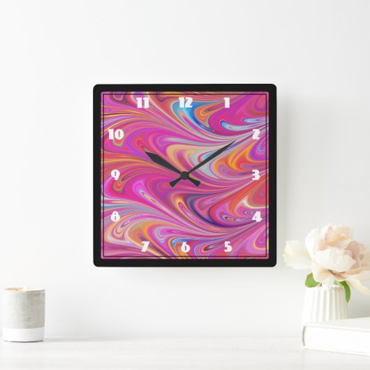 Trippy Roze en Oranje Swirly Design Vierkante Klok (Huis)