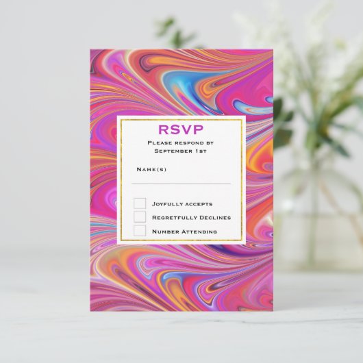 Trippy Roze en Sinaasappel Swirly Design Bruiloft RSVP Kaartje (Staand voorkant)