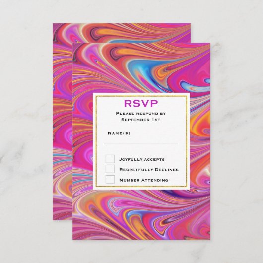 Trippy Roze en Sinaasappel Swirly Design Bruiloft RSVP Kaartje (Voorkant / Achterkant)