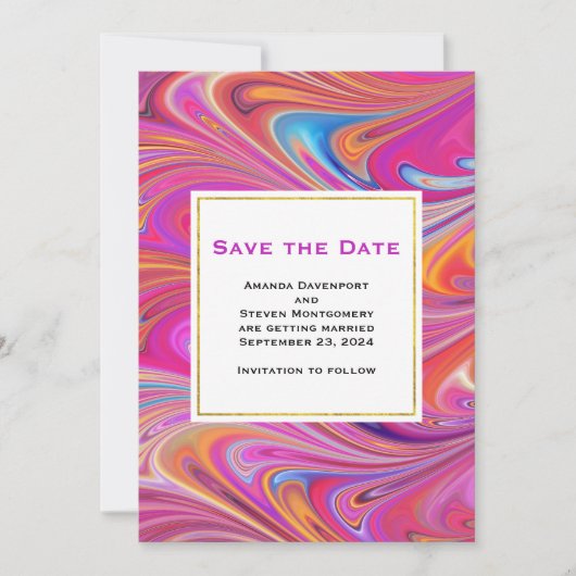 Trippy Roze en Sinaasappel Swirly Design Bruiloft Save The Date (Voorkant)