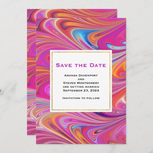 Trippy Roze en Sinaasappel Swirly Design Bruiloft Save The Date (Voorkant / Achterkant)