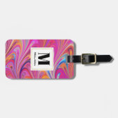 Trippy Roze en Sinaasappel Swirly Design Monogram Bagagelabel (Voorkant horizontaal)
