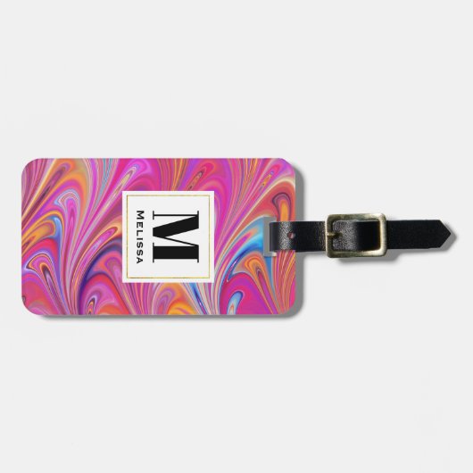 Trippy Roze en Sinaasappel Swirly Design Monogram Bagagelabel (Voorkant horizontaal)