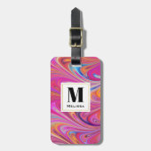 Trippy Roze en Sinaasappel Swirly Design Monogram Bagagelabel (Voorkant verticaal)