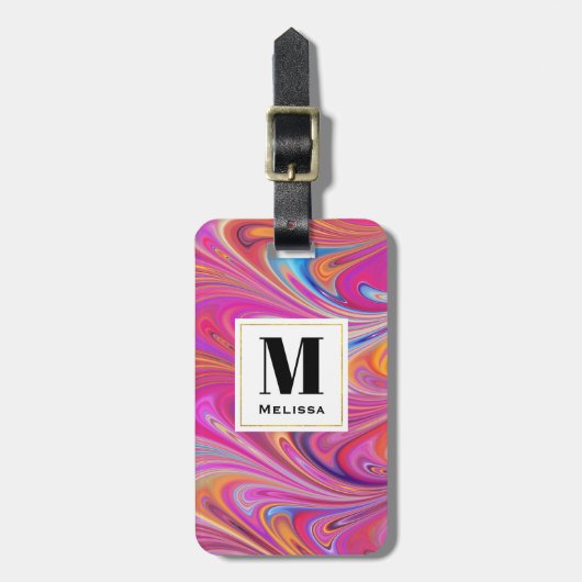 Trippy Roze en Sinaasappel Swirly Design Monogram Bagagelabel (Voorkant verticaal)