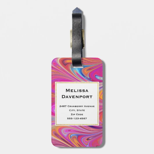 Trippy Roze en Sinaasappel Swirly Design Monogram Bagagelabel (Achterkant verticaal)
