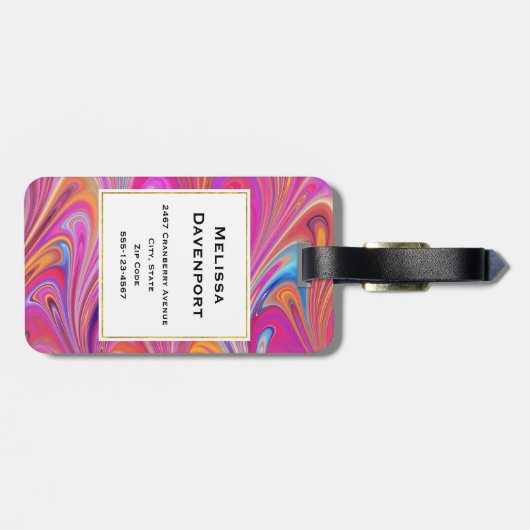 Trippy Roze en Sinaasappel Swirly Design Monogram Bagagelabel (Achterkant horizontaal)