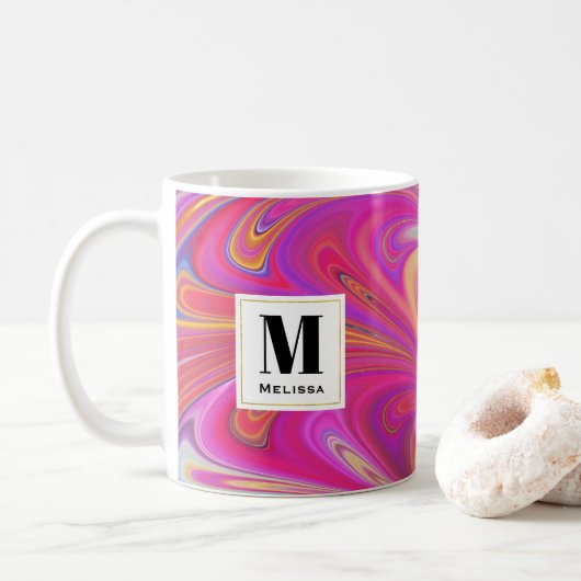 Trippy Roze en Sinaasappel Swirly Design Monogram Koffiemok (Met donut)