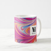 Trippy Roze en Sinaasappel Swirly Design Monogram Koffiemok (Voorkant rechts)