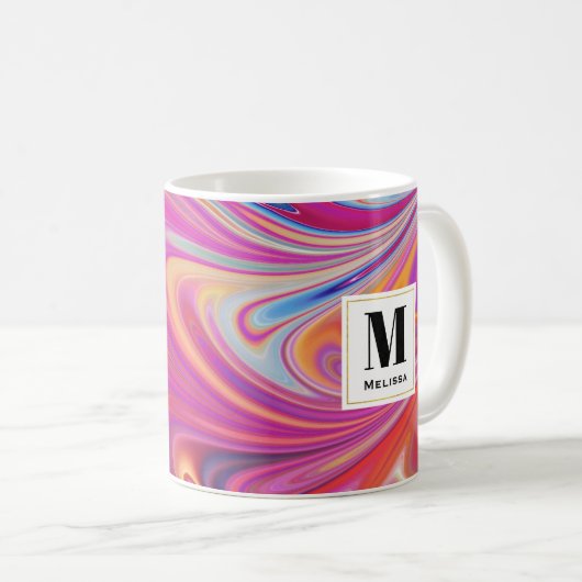 Trippy Roze en Sinaasappel Swirly Design Monogram Koffiemok (Voorkant rechts)