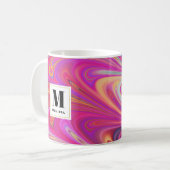 Trippy Roze en Sinaasappel Swirly Design Monogram Koffiemok (Voorkant links)