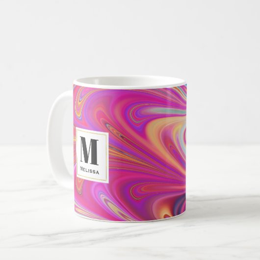 Trippy Roze en Sinaasappel Swirly Design Monogram Koffiemok (Voorkant links)