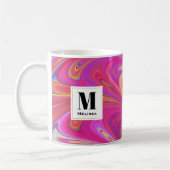 Trippy Roze en Sinaasappel Swirly Design Monogram Koffiemok (Links)