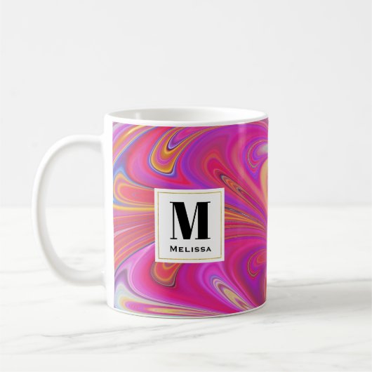 Trippy Roze en Sinaasappel Swirly Design Monogram Koffiemok (Links)