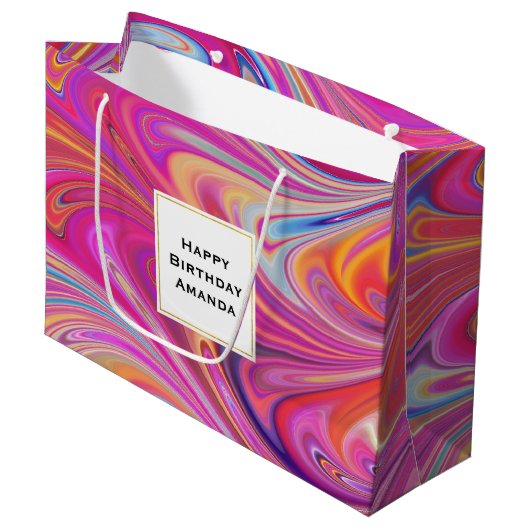 Trippy Roze en Sinaasappel Swirly Design Verjaarda Groot Cadeauzakje (Voorkant Gekanteld)