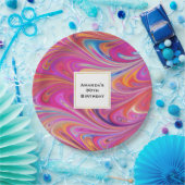 Trippy Roze en Sinaasappel Swirly Design Verjaarda Papieren Bordje (Feest)