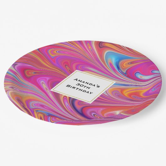 Trippy Roze en Sinaasappel Swirly Design Verjaarda Papieren Bordje (Gekanteld)